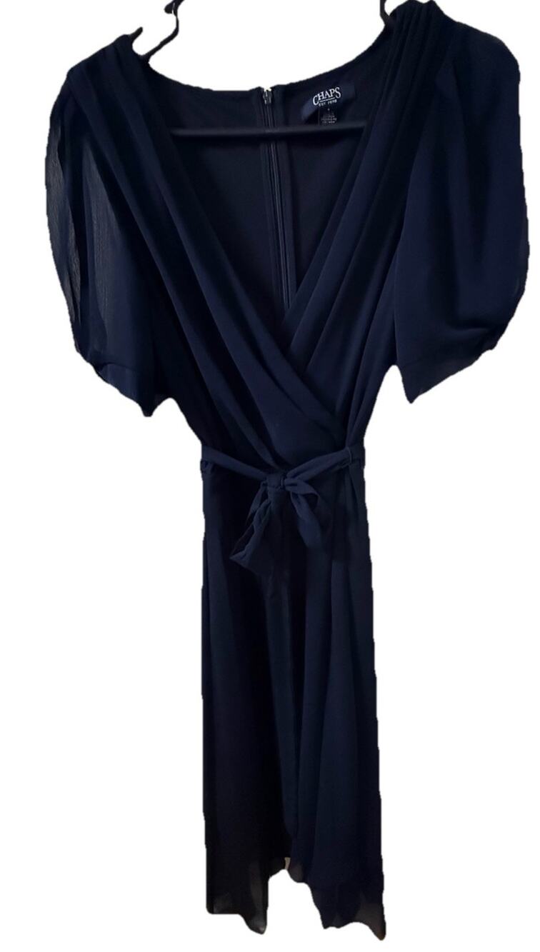 NWT CHAPS Woman’s Navy Puff Sleeve Belted Midi Fit & Flare V-Neck Dress Size 6